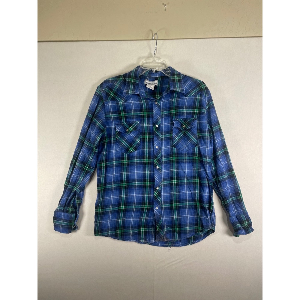 Wrangler Wrancher Women Blue Green Plaid Western Snap Long Sleeve Shirt L - Picture 2 of 7